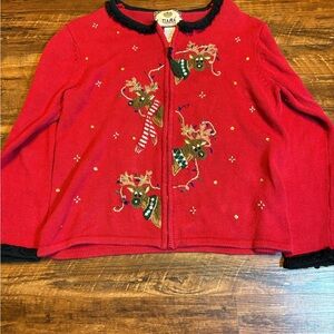 Tiara Festive Red Cardigan with Reindeer Embroidery